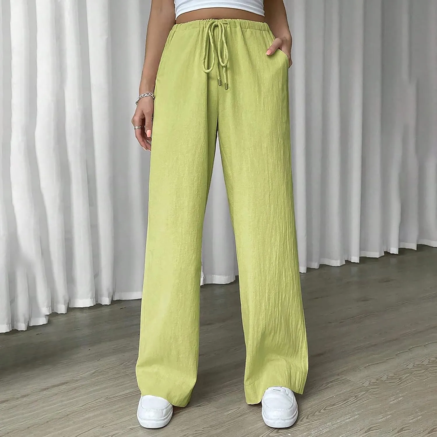 Women's Elastic High Waist Drawstring Trousers Solid Casual Straight Wide Leg Comfy Soft Loose Fittted Yoga Sweatpant
