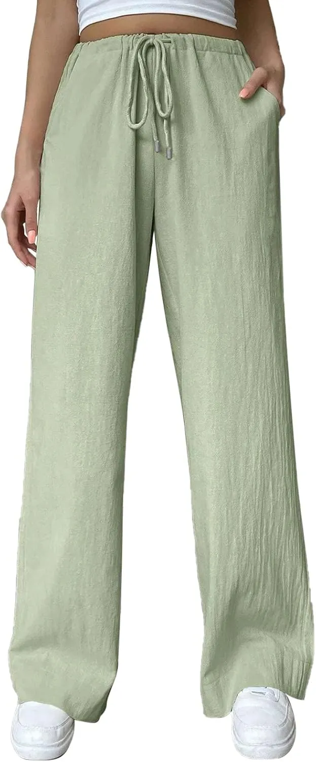 Women's Elastic High Waist Drawstring Trousers Solid Casual Straight Wide Leg Comfy Soft Loose Fittted Yoga Sweatpant