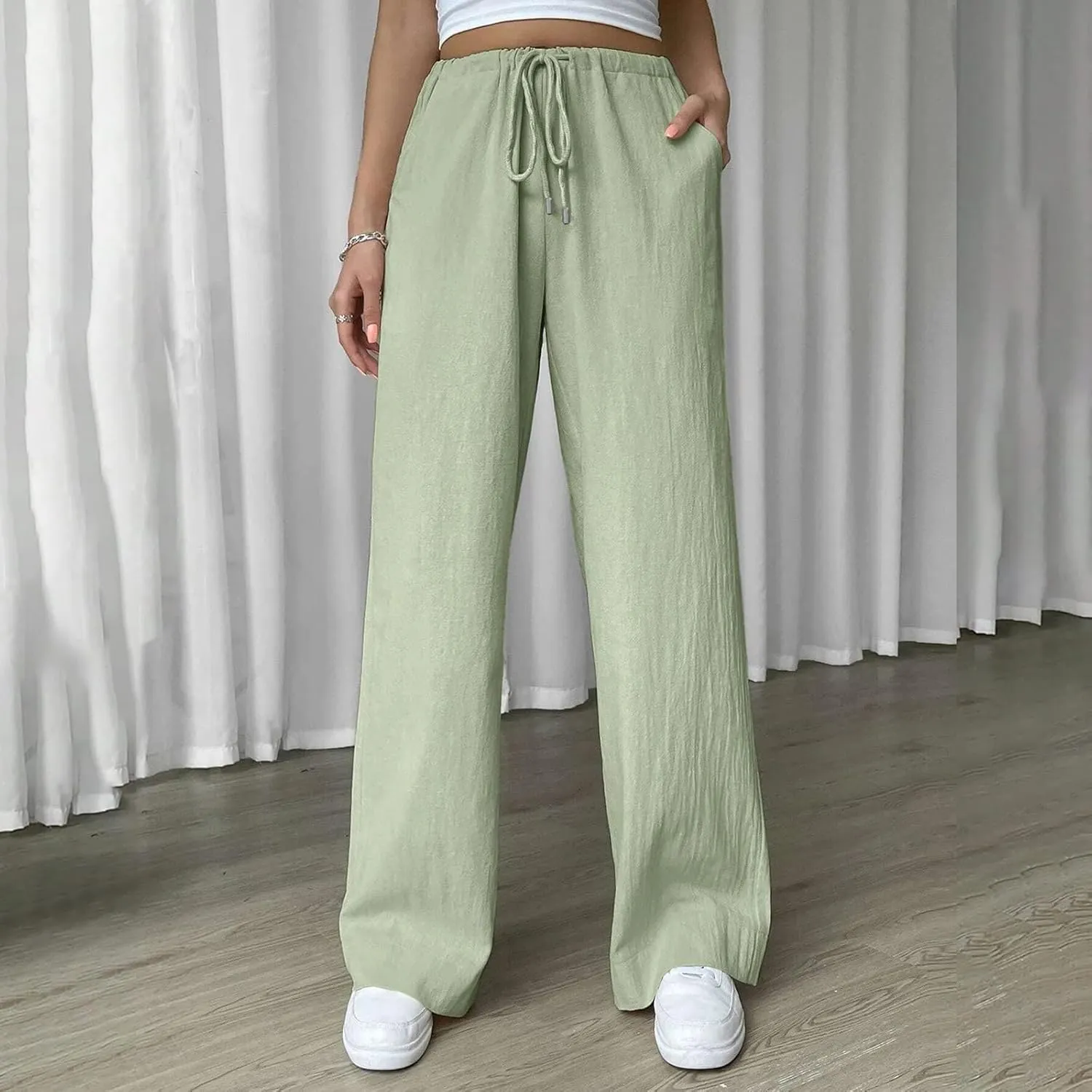 Women's Elastic High Waist Drawstring Trousers Solid Casual Straight Wide Leg Comfy Soft Loose Fittted Yoga Sweatpant
