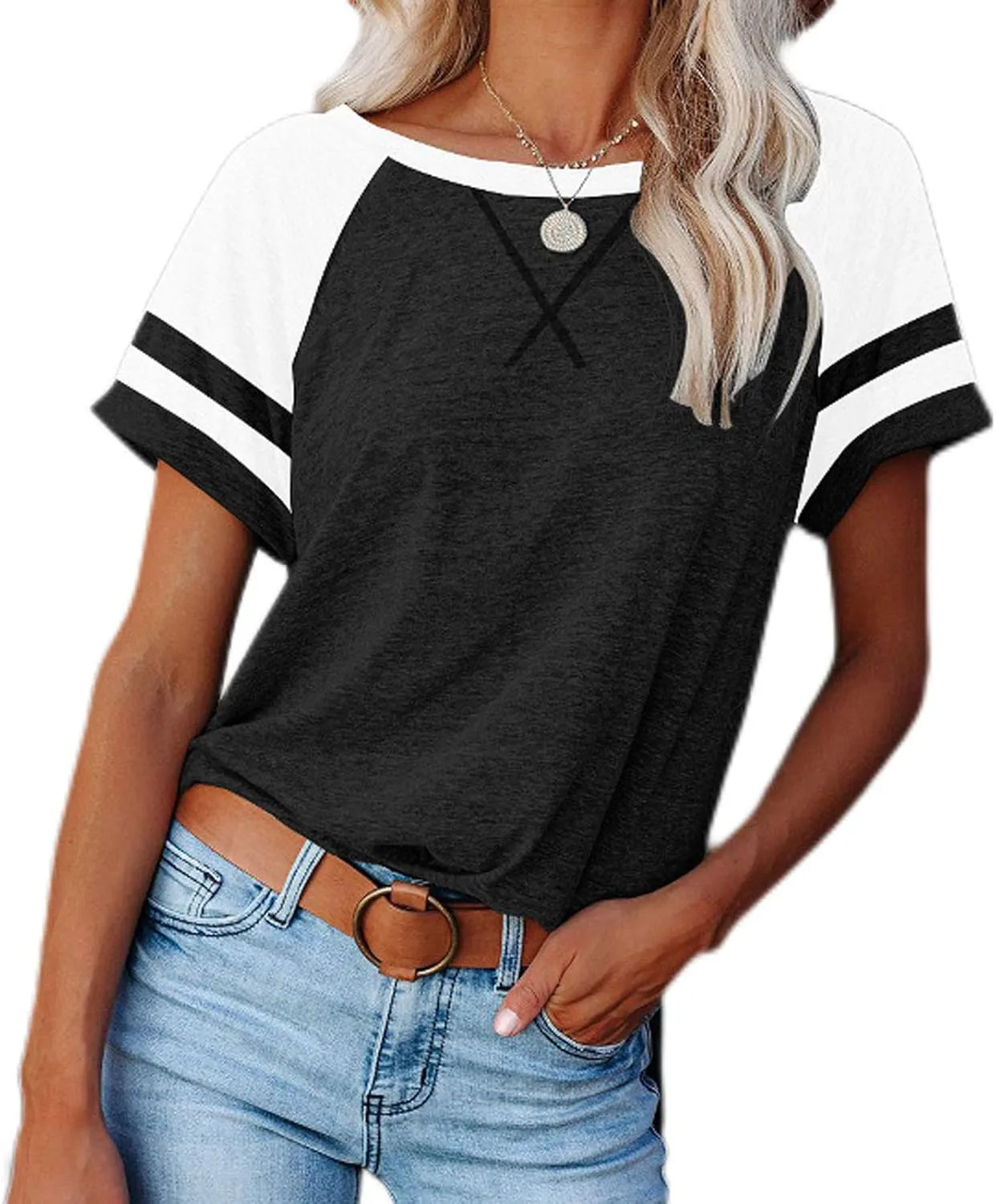Women's Fashion Casual Crewneck Color Block T Shirts Loose Fit Tee Shirts Blouses 2025 Fashion Shirts Workout Tee