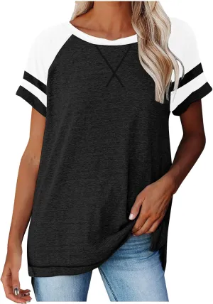 Women's Fashion Casual Crewneck Color Block T Shirts Loose Fit Tee Shirts Blouses 2025 Fashion Shirts Workout Tee