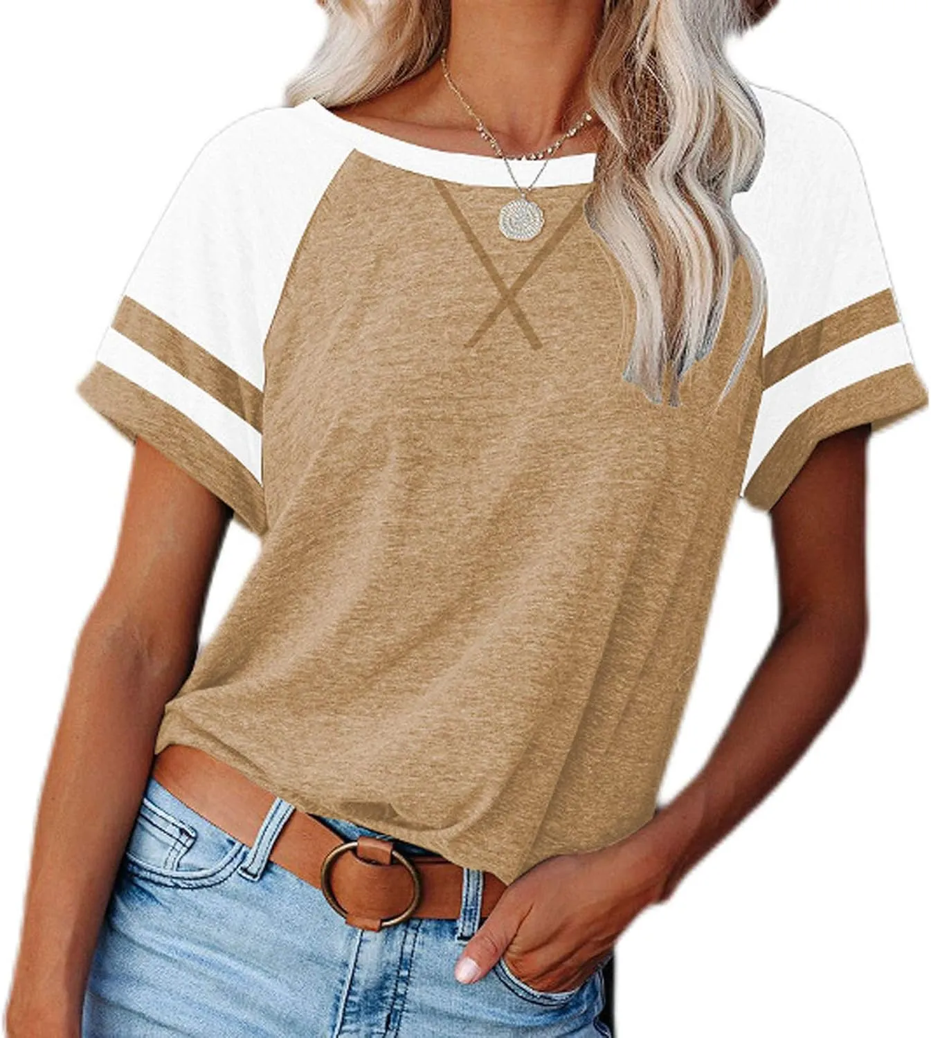 Women's Fashion Casual Crewneck Color Block T Shirts Loose Fit Tee Shirts Blouses 2025 Fashion Shirts Workout Tee