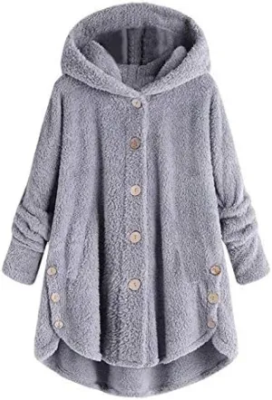 Women's Fleece Jackets Sherpa Winter Hooded Fuzzy Coat Oversized Button Down Cardigan Open Front Outwear with Pockets