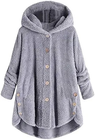 Women's Fleece Jackets Sherpa Winter Hooded Fuzzy Coat Oversized Button Down Cardigan Open Front Outwear with Pockets