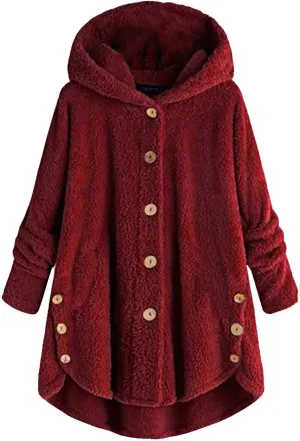 Women's Fleece Jackets Sherpa Winter Hooded Fuzzy Coat Oversized Button Down Cardigan Open Front Outwear with Pockets