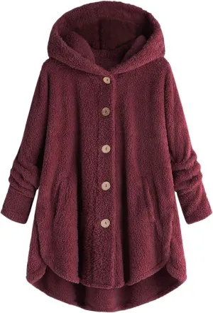 Women's Fleece Jackets Sherpa Winter Hooded Fuzzy Coat Oversized Button Down Cardigan Open Front Outwear with Pockets