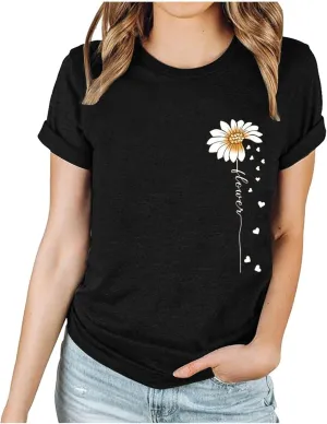Womens Floral Print T-Shirt Short Sleeve Crew Neck Summer Tops Casual Loose Fit Basic Tee Shirts 2025 Trendy Clothes