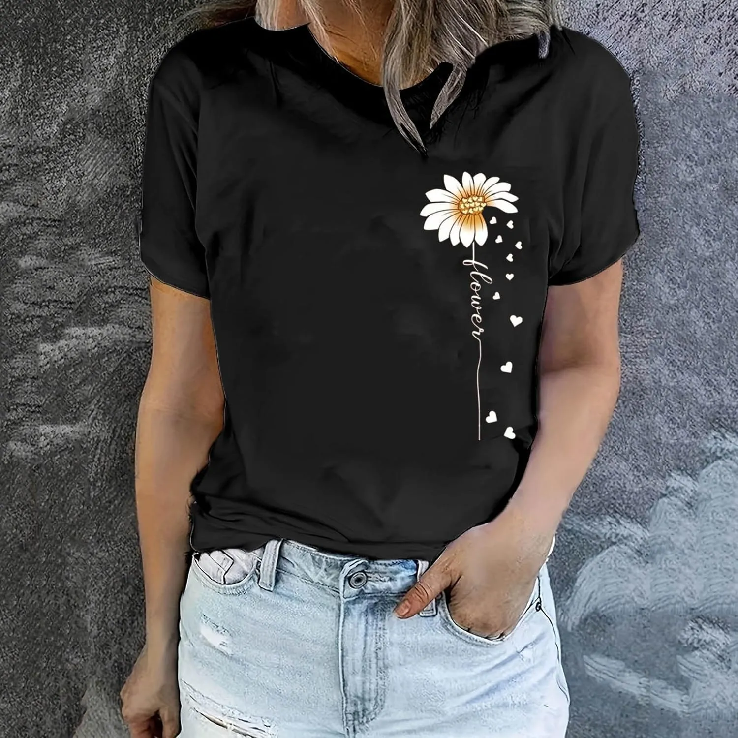 Womens Floral Print T-Shirt Short Sleeve Crew Neck Summer Tops Casual Loose Fit Basic Tee Shirts 2025 Trendy Clothes