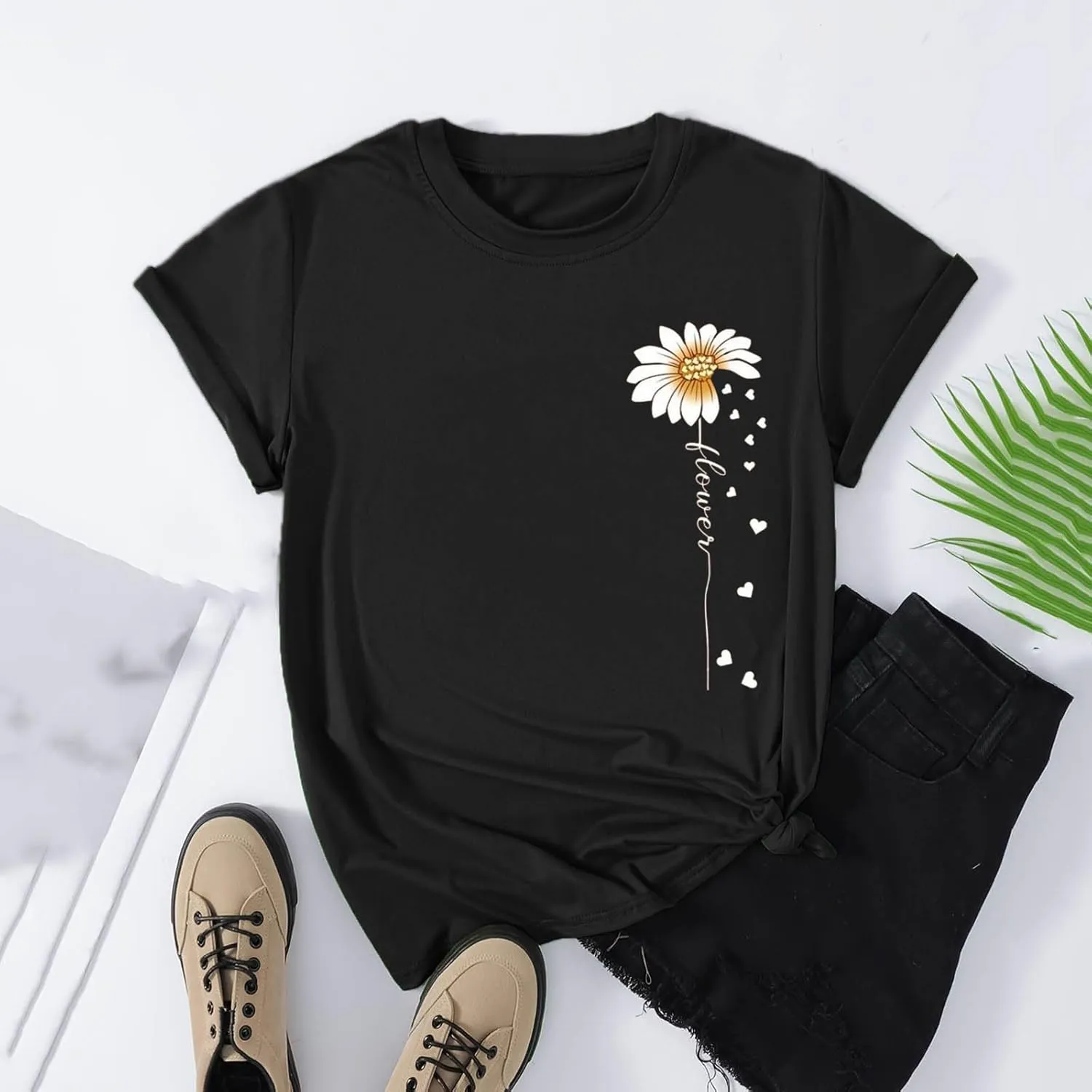 Womens Floral Print T-Shirt Short Sleeve Crew Neck Summer Tops Casual Loose Fit Basic Tee Shirts 2025 Trendy Clothes