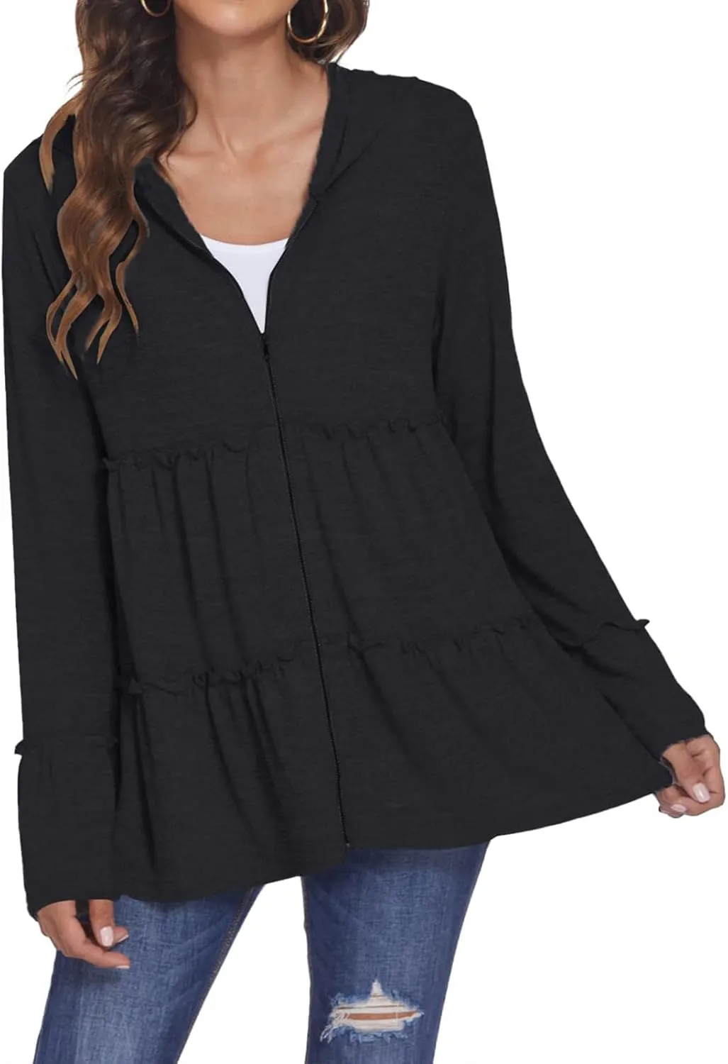 Women's Full Zip Up Hoodie Pleated Tiered Ruffle Hooded Sweatshirts Jacket Long Sleeve Coat