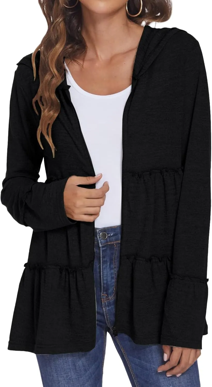 Women's Full Zip Up Hoodie Pleated Tiered Ruffle Hooded Sweatshirts Jacket Long Sleeve Coat