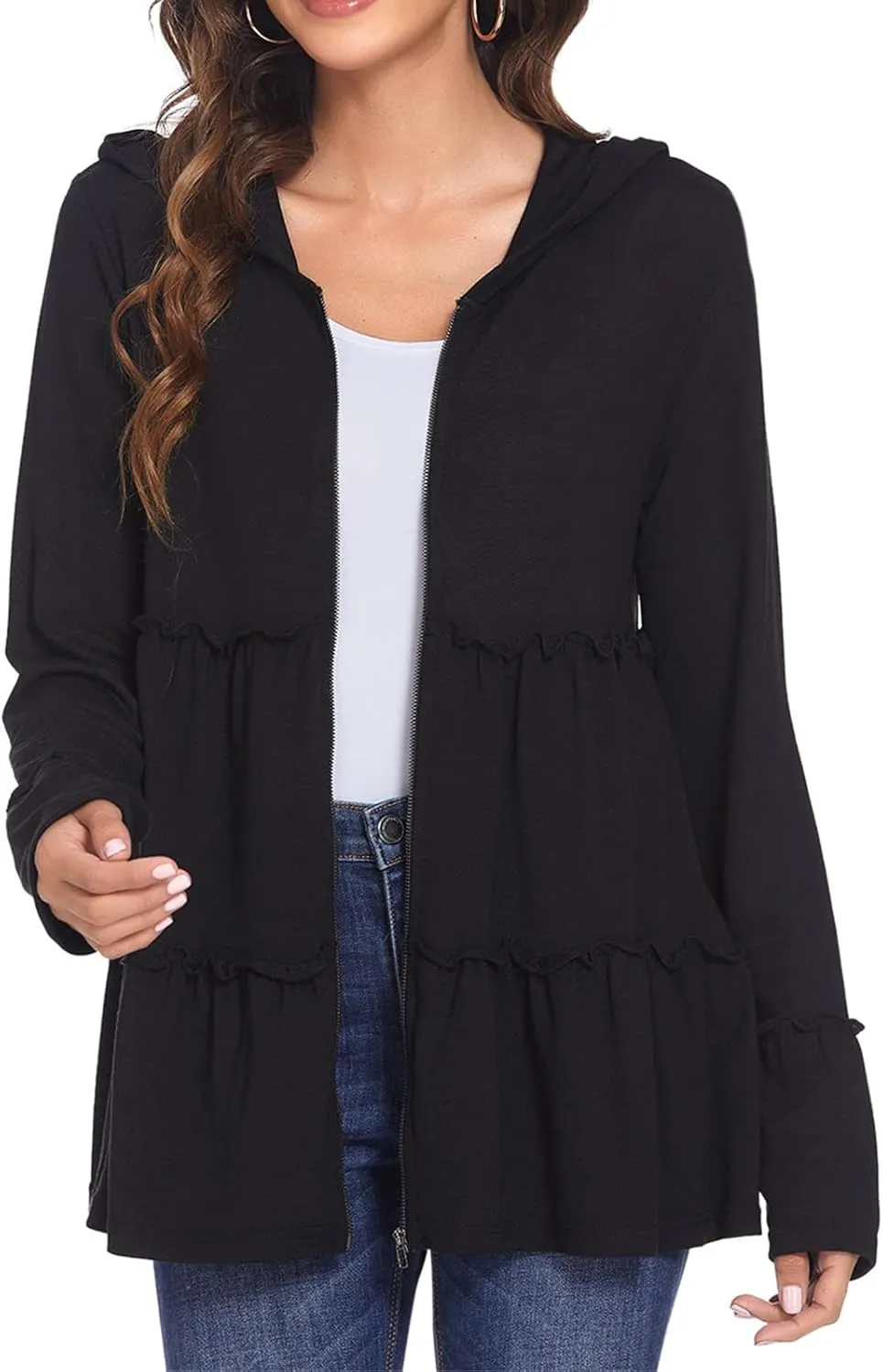 Women's Full Zip Up Hoodie Pleated Tiered Ruffle Hooded Sweatshirts Jacket Long Sleeve Coat