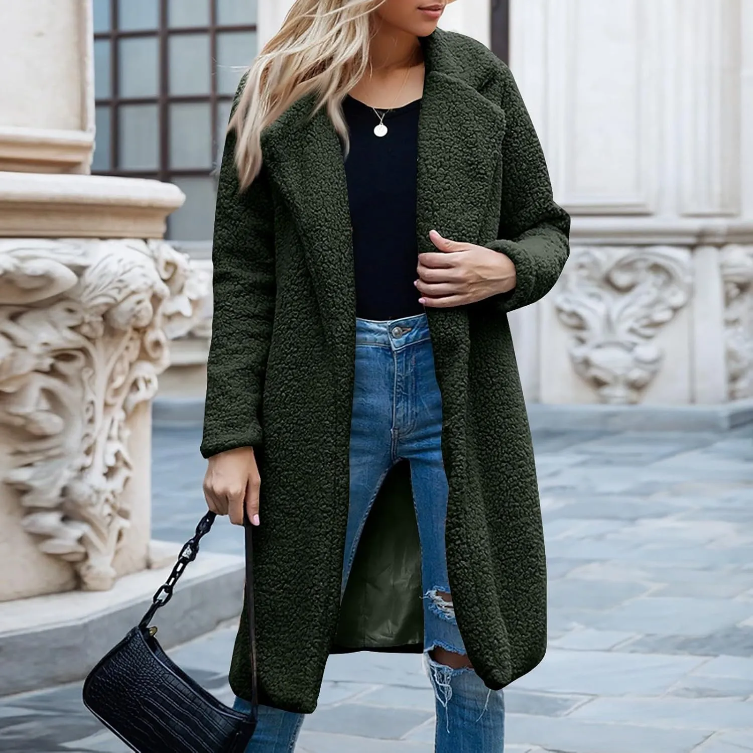 Women's Fuzzy Fleece Lapel Open Front Long Cardigan Coat Faux Fur Warm Winter Fashion Outwear Jackets 2024