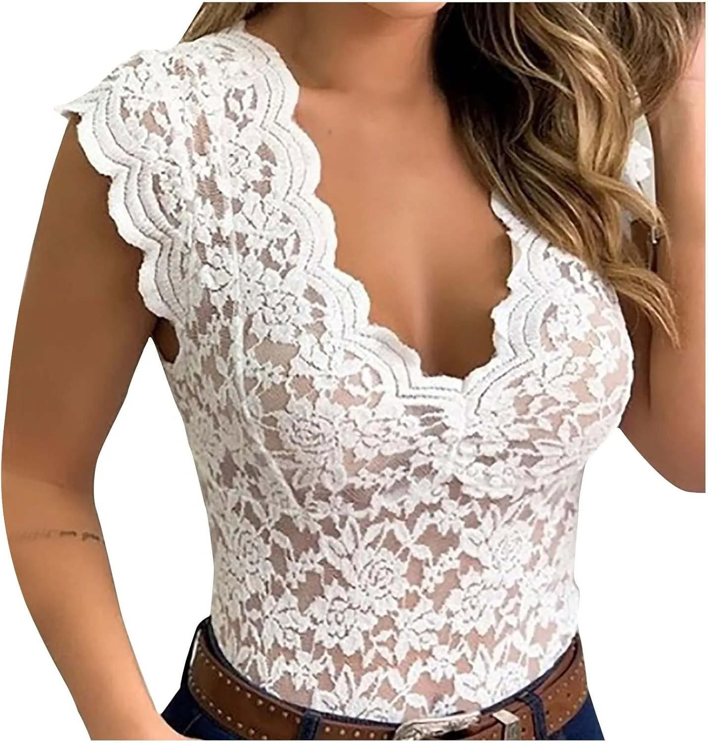 Women's Lace Tank Top Sleeveless V-Neck Floral Embroidered Camisole Casual See Through Tunic Blouse Tee Shirt