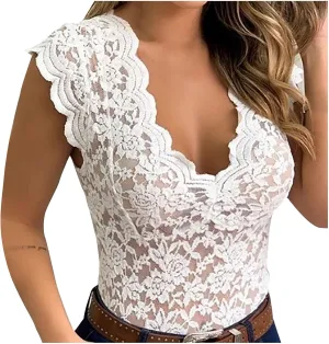 Women's Lace Tank Top Sleeveless V-Neck Floral Embroidered Camisole Casual See Through Tunic Blouse Tee Shirt