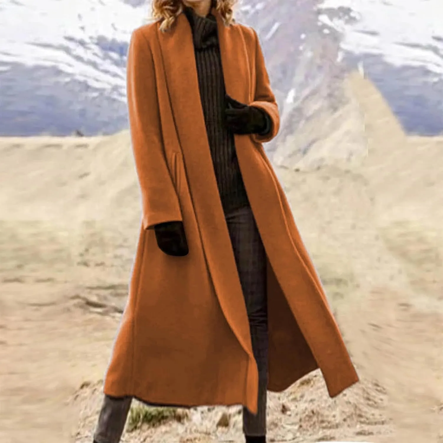 Women's Lapel Collar Coats Mid Long Pea Coats Warm Thicken Trench Jacket Elegant Simple Oversized Winter Coats