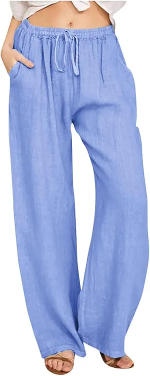 Women's Linen Pants Plus Size Wide Leg Pants Drawstring Palazzo Pants Elastic Waist Lounge Pants Lightweight Pants