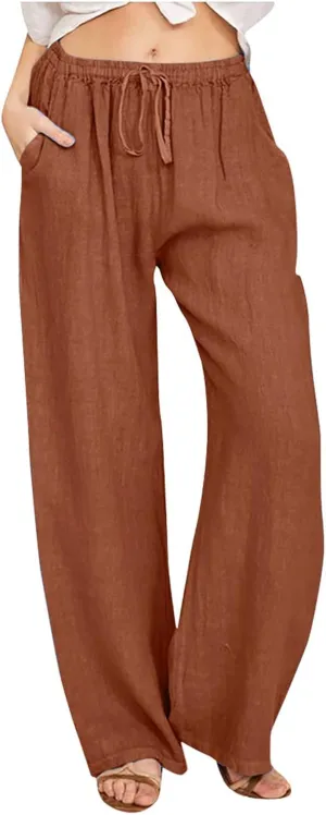Women's Linen Pants Plus Size Wide Leg Pants Drawstring Palazzo Pants Elastic Waist Lounge Pants Lightweight Pants