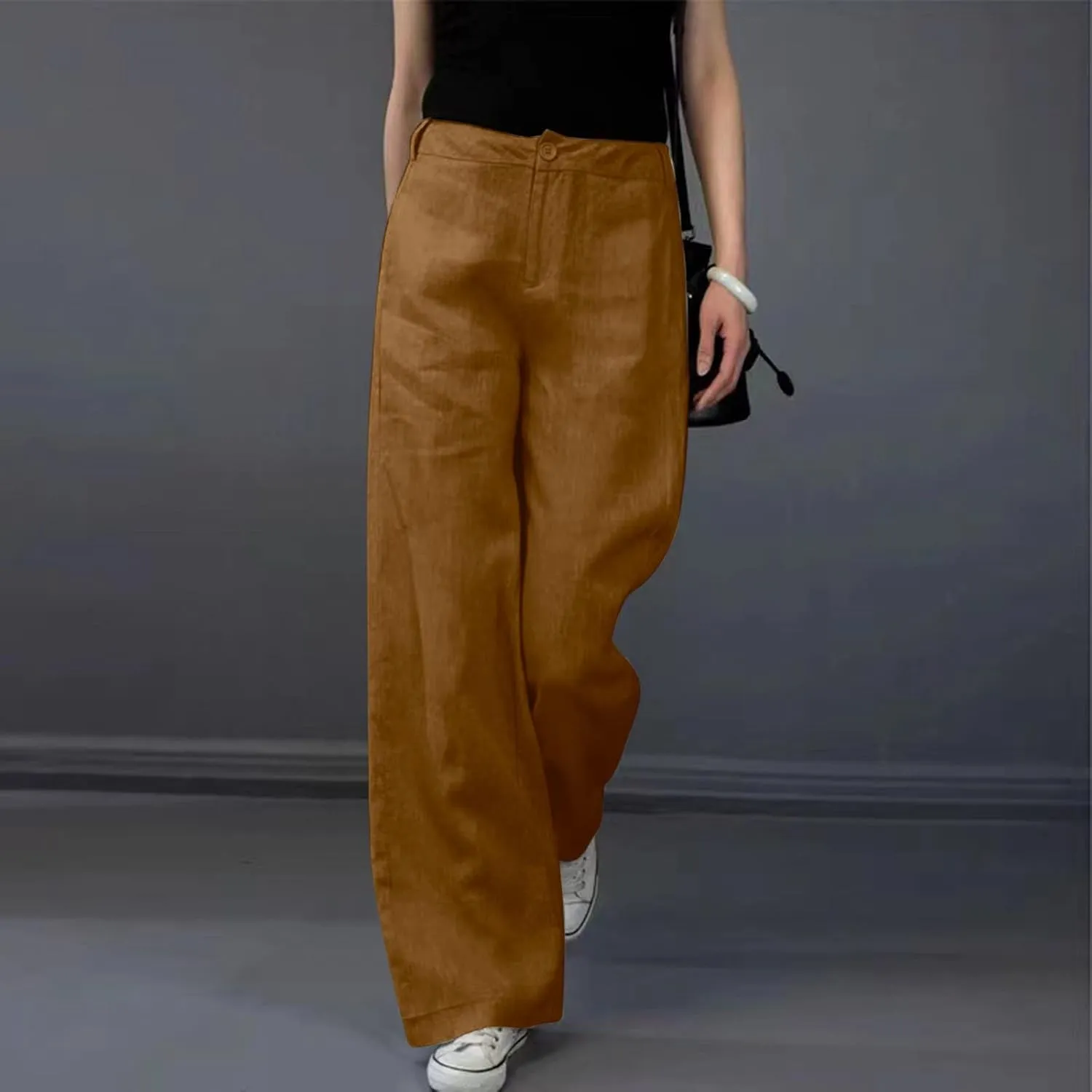 Womens Linen Pants Soft Solid High Waisted Wide Leg Cotton Lounge Pants Casual Loose Fit Straight Leg Trousers with Pockets