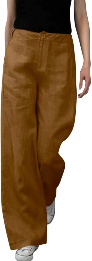 Womens Linen Pants Soft Solid High Waisted Wide Leg Cotton Lounge Pants Casual Loose Fit Straight Leg Trousers with Pockets