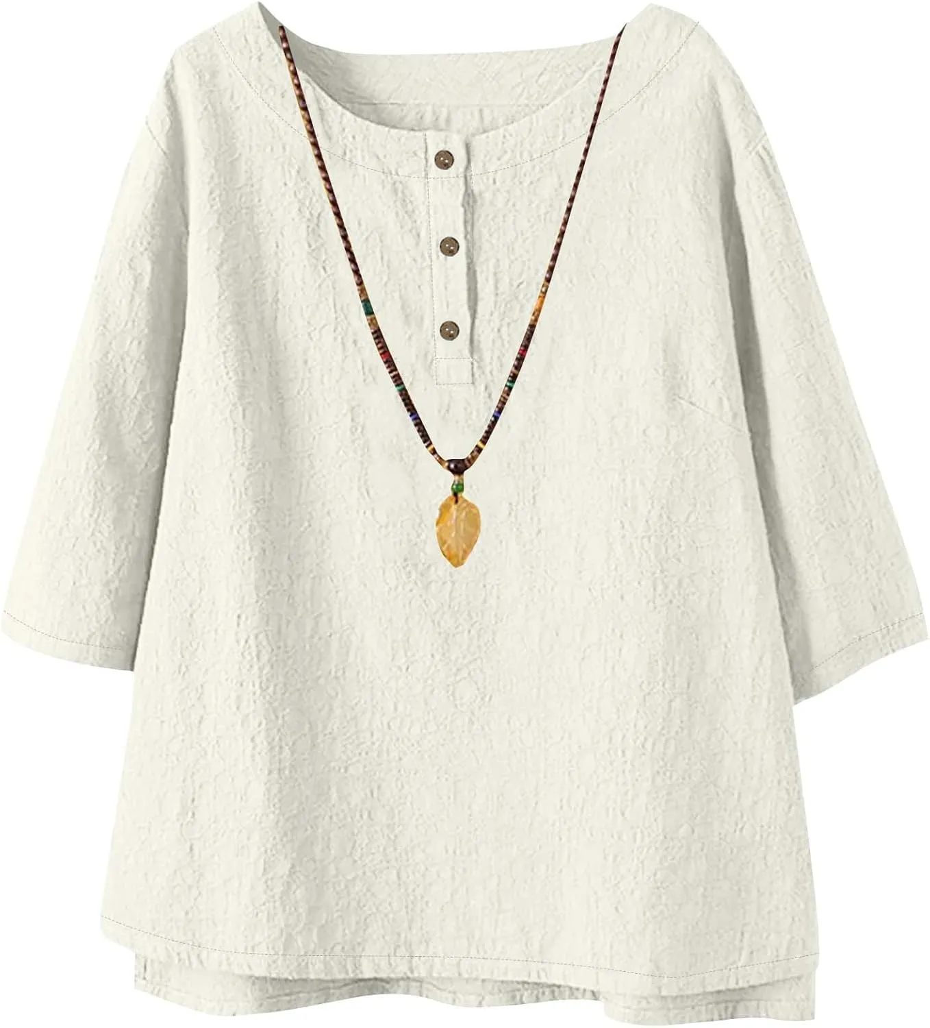 Women's Linen Shirts 3/4 Sleeve Crew Neck Cotton Tops Casual Jacquard Boho Blouses Summer Dressy Beach T-Shirts