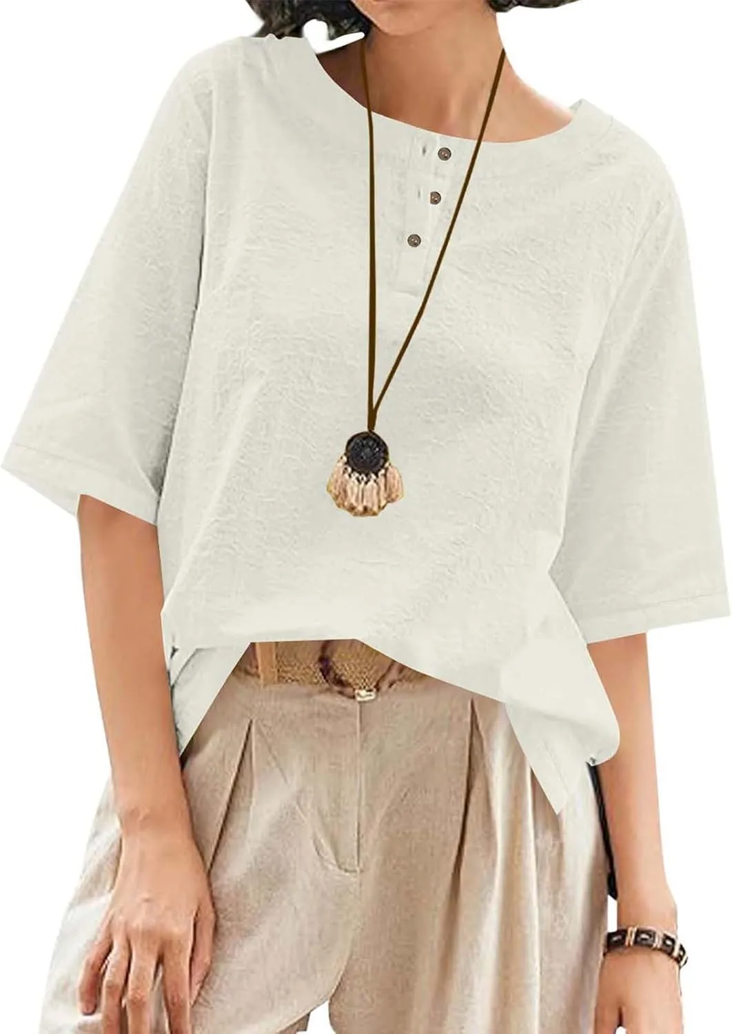 Women's Linen Shirts 3/4 Sleeve Crew Neck Cotton Tops Casual Jacquard Boho Blouses Summer Dressy Beach T-Shirts