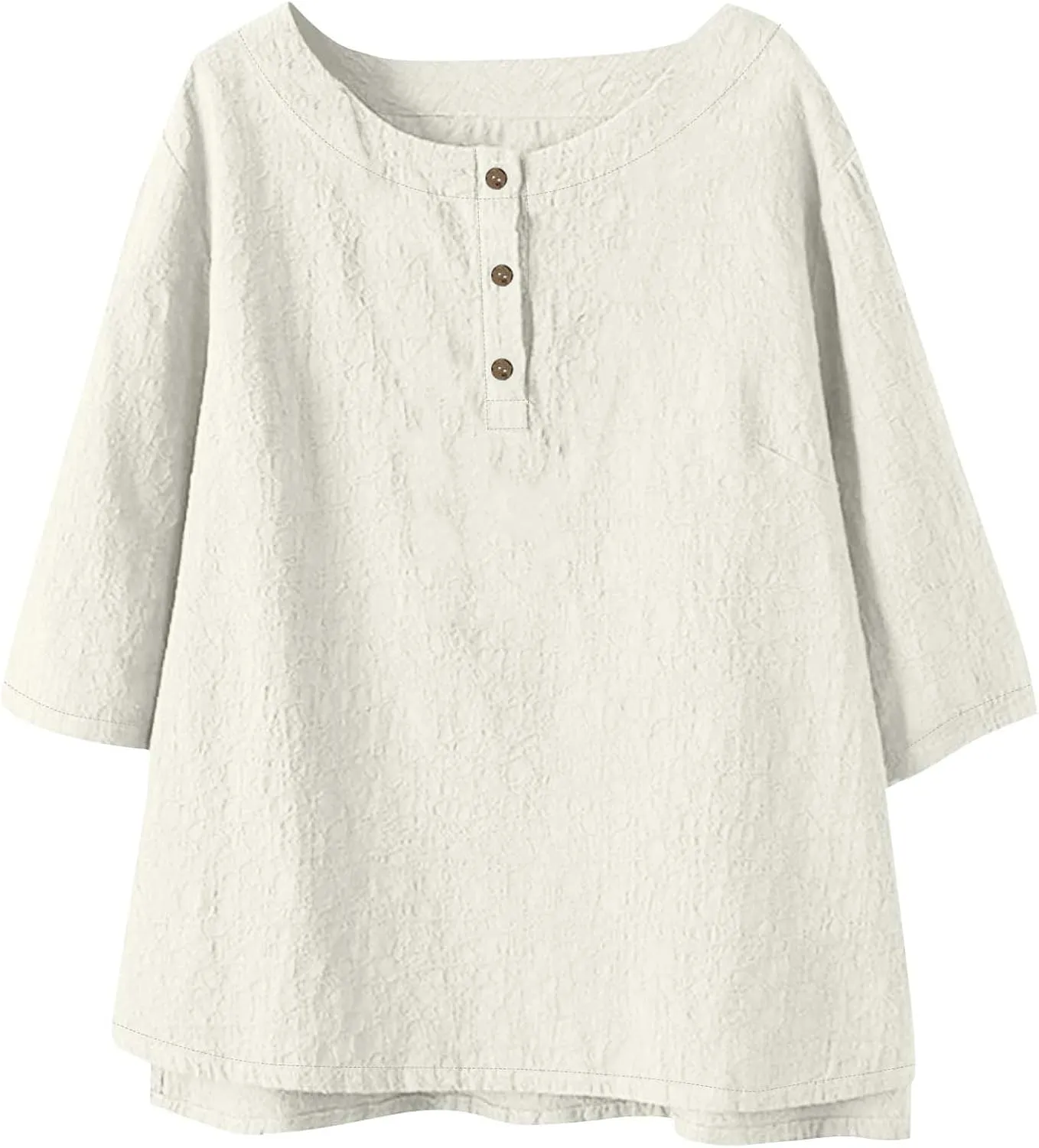 Women's Linen Shirts 3/4 Sleeve Crew Neck Cotton Tops Casual Jacquard Boho Blouses Summer Dressy Beach T-Shirts