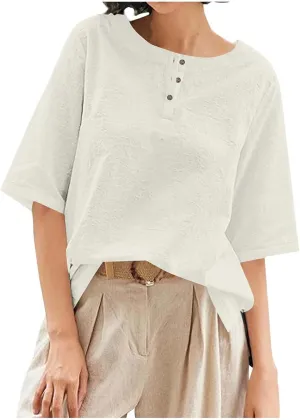 Women's Linen Shirts 3/4 Sleeve Crew Neck Cotton Tops Casual Jacquard Boho Blouses Summer Dressy Beach T-Shirts