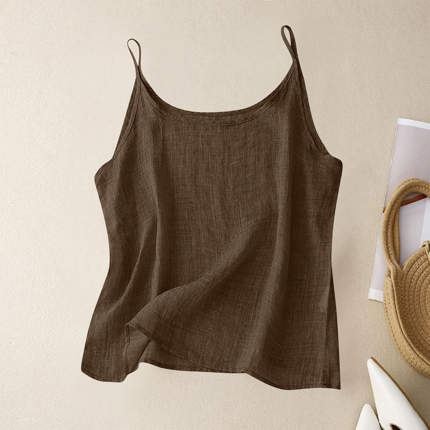 Womens Linen Tank Top Sleeveless Spaghetti Strap Top Casual Solid Color Tops Dressy Fashion Tops Summer Flowy Tank Top