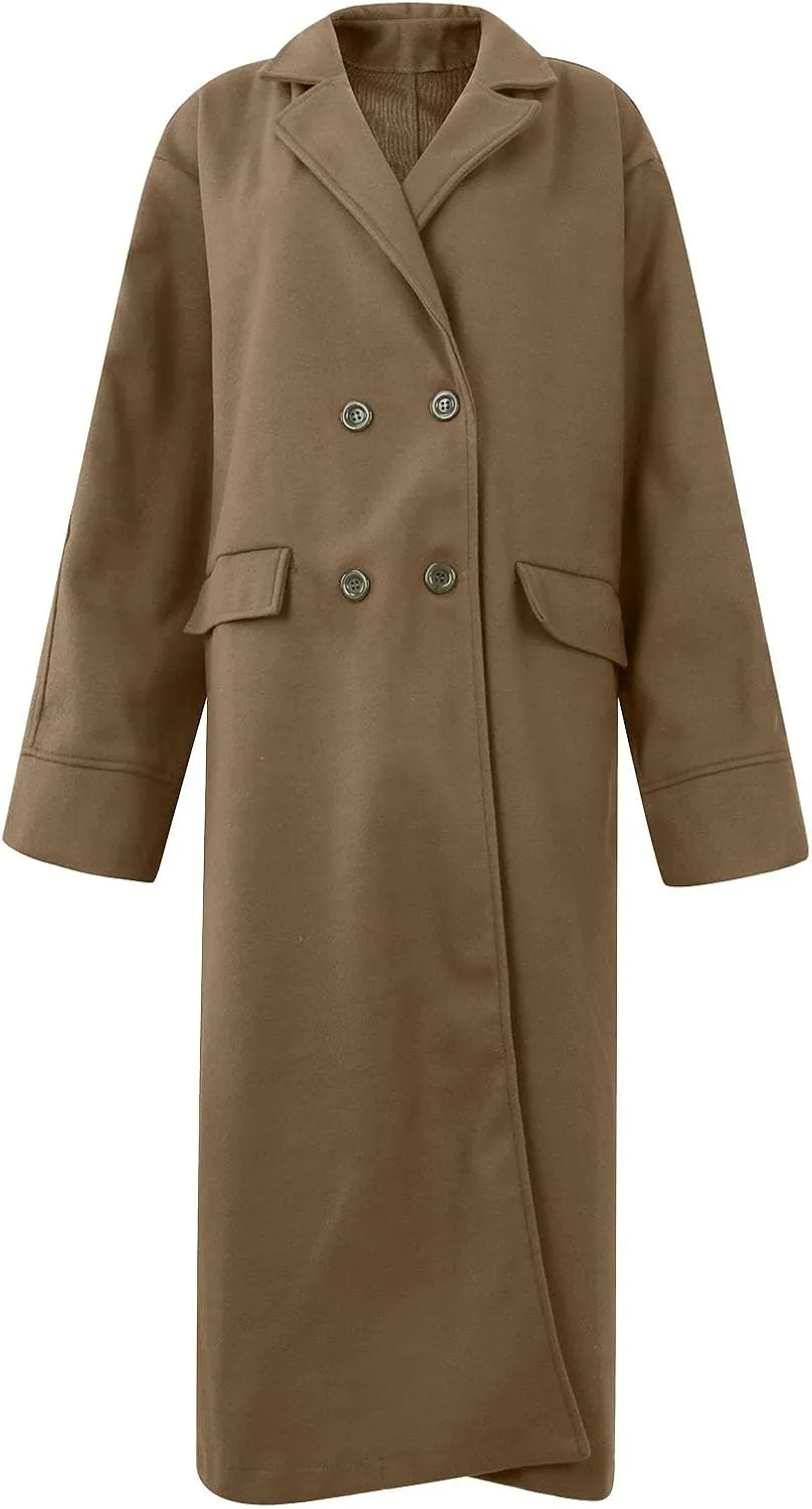 Womens Long Pea Coats Wool Blend Ankle Length Business Casual Trench Coats Long Sleeve Open Front Dressy Jackets