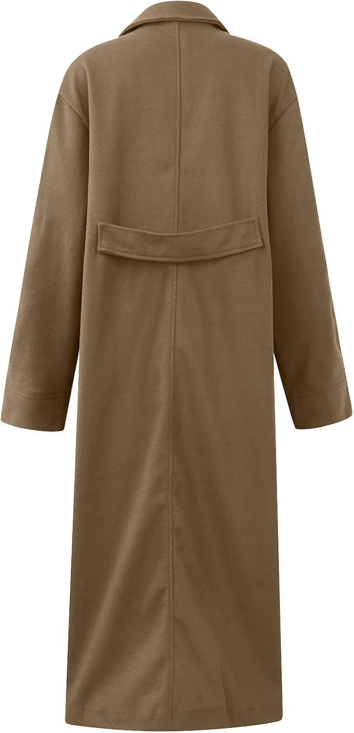 Womens Long Pea Coats Wool Blend Ankle Length Business Casual Trench Coats Long Sleeve Open Front Dressy Jackets