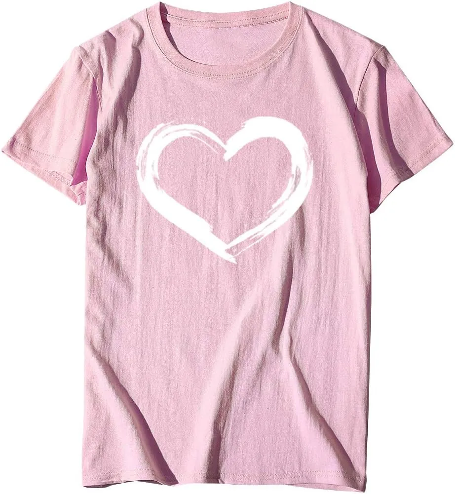 Women's Love Heart Graphic Print Tee Short Sleeve Crew Neck T Shirt Casual Summer Loose Fit Solid Color Pullover Tops