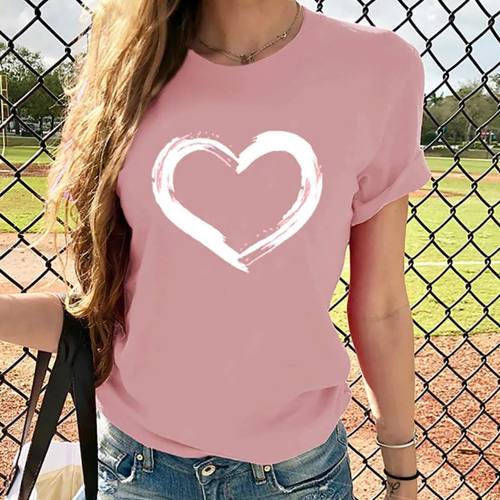 Women's Love Heart Graphic Print Tee Short Sleeve Crew Neck T Shirt Casual Summer Loose Fit Solid Color Pullover Tops