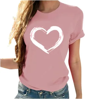 Women's Love Heart Graphic Print Tee Short Sleeve Crew Neck T Shirt Casual Summer Loose Fit Solid Color Pullover Tops