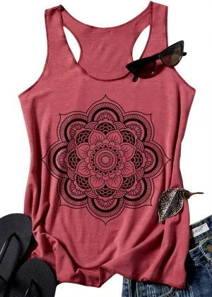 Womens Mandala Vintage Graphic Racerback Tank Tops Summer Casual Loose O-Neck Tanks Vest Vacation Classic-Fit Shirt Cami
