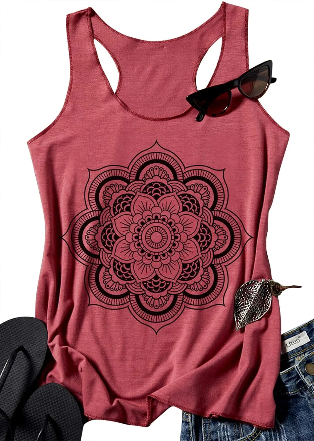 Womens Mandala Vintage Graphic Racerback Tank Tops Summer Casual Loose O-Neck Tanks Vest Vacation Classic-Fit Shirt Cami