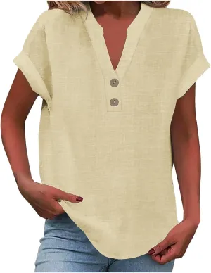 Womens Office Ready Linen Blouses Summer Tops 2025 V Neck Button Down Shirts Casual Tunic Work Vacation Wear
