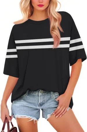 Womens Oversized Striped T Shirts Loose Fit Crewneck Short Sleeve Tops Summer Casual Blouse Y2K 2025 Basic Tee