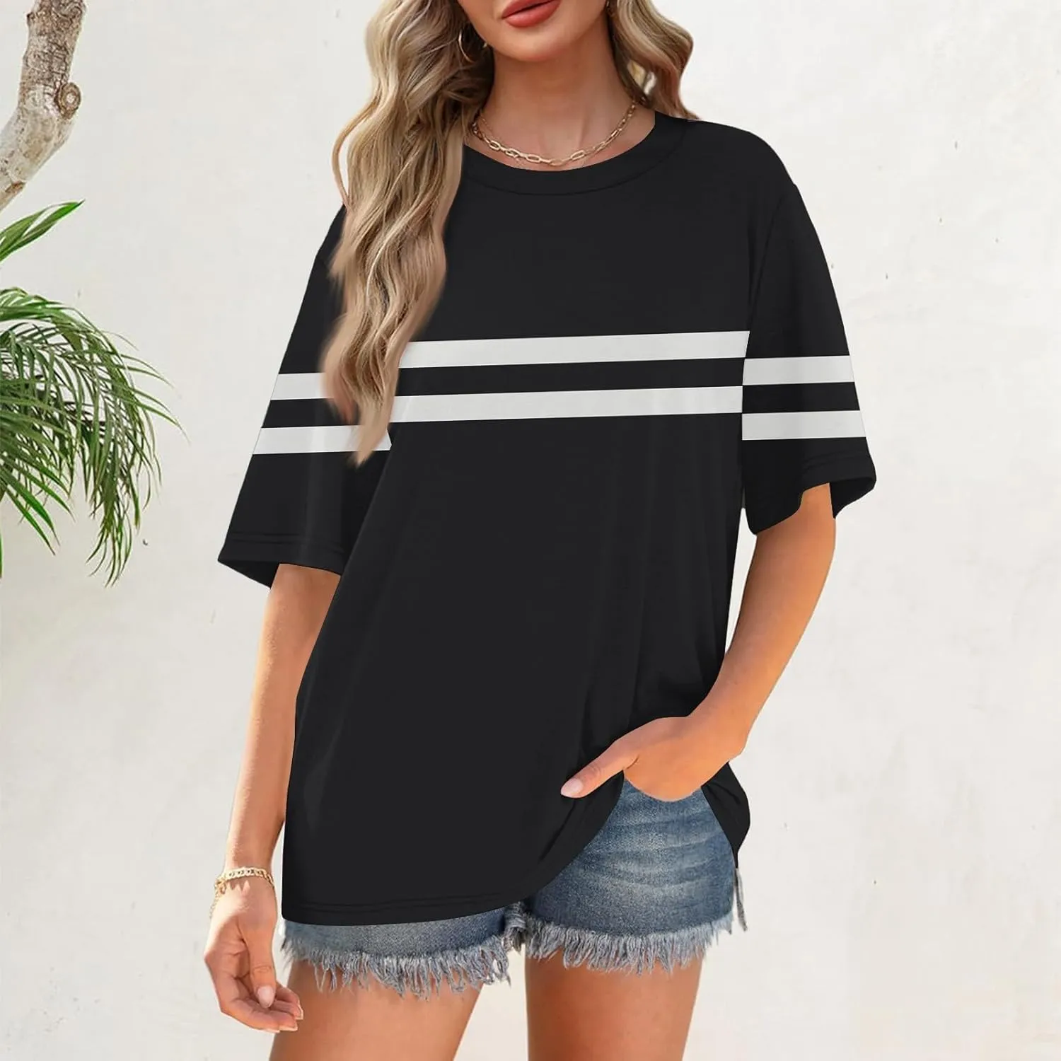 Womens Oversized Striped T Shirts Loose Fit Crewneck Short Sleeve Tops Summer Casual Blouse Y2K 2025 Basic Tee
