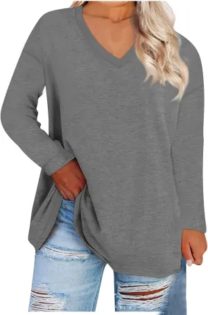 Womens Oversized Tee Shirts Long Sleeve Solid Color Crew Neck Plus Size Tops for Women Cute Tops for Women