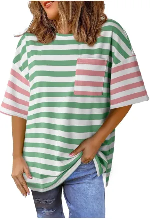 Womens Oversized Tops Casual Short Sleeve Striped Color Block Shirts Summer Crewneck Loose Fit Blouses with Pocket