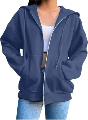 Women's Oversized Y2K Hoodies Zipper Drawstring Hooded Jackets 2023 Trendy Lightweight Dressy Streetwear with Pockets