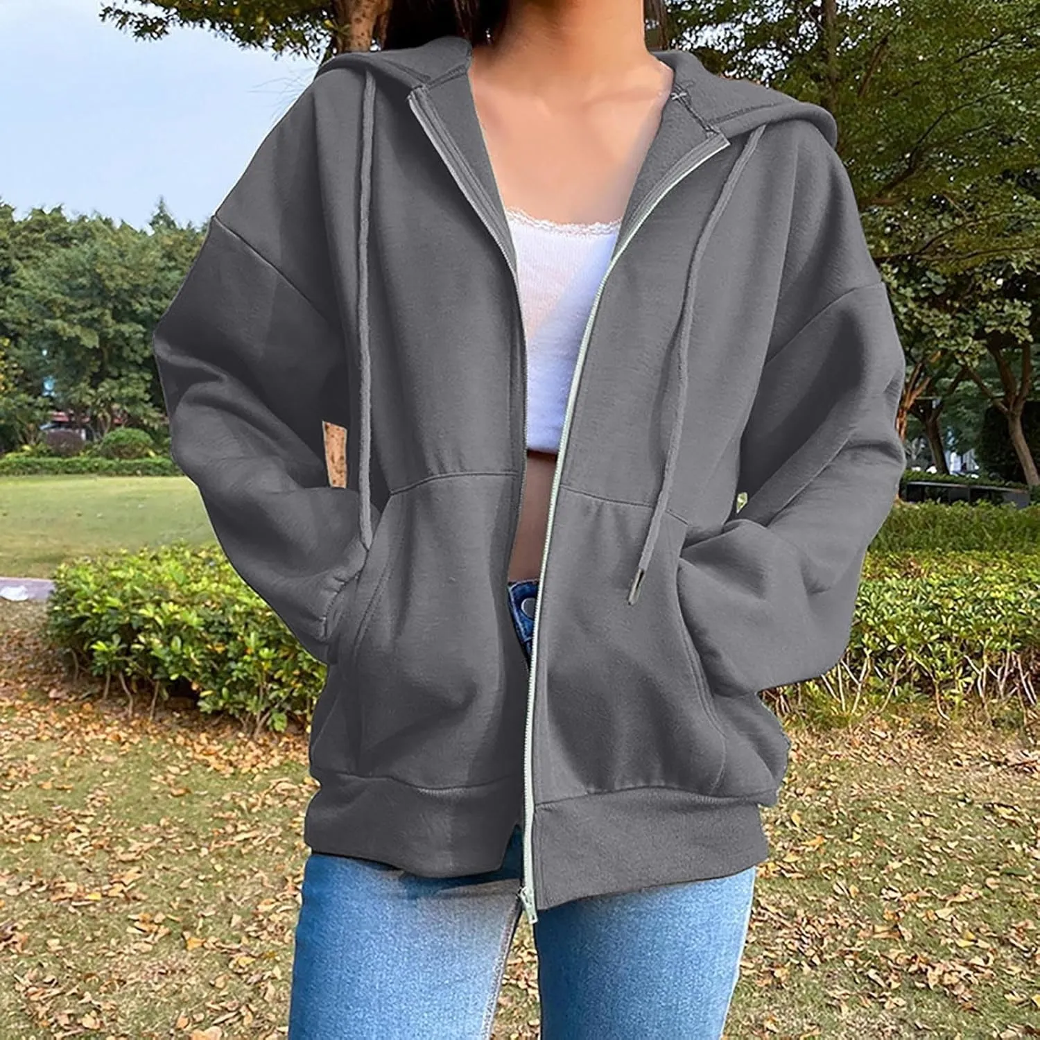 Women's Oversized Y2K Hoodies Zipper Drawstring Hooded Jackets 2023 Trendy Lightweight Dressy Streetwear with Pockets