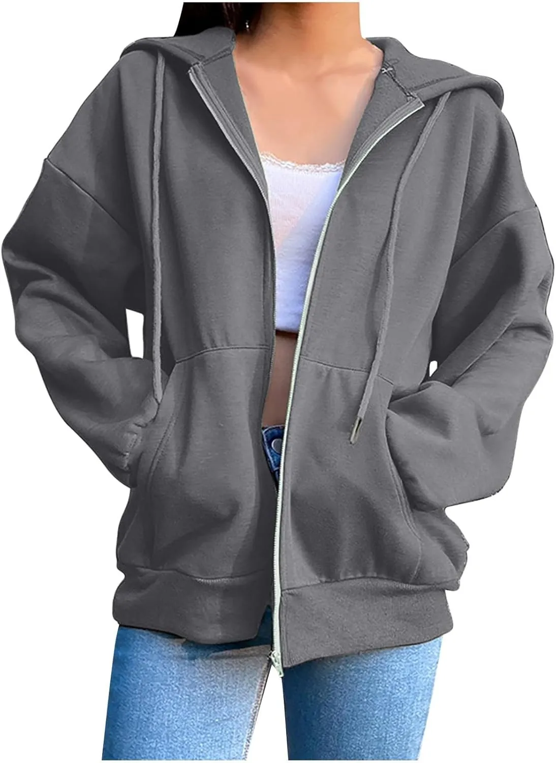 Women's Oversized Y2K Hoodies Zipper Drawstring Hooded Jackets 2023 Trendy Lightweight Dressy Streetwear with Pockets