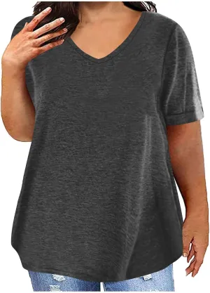 Womens Plus Size Summer Tops Short Sleeve V Neck T Shirts Casual Loose Fit Solid Tshirts Oversized Going Out Tees