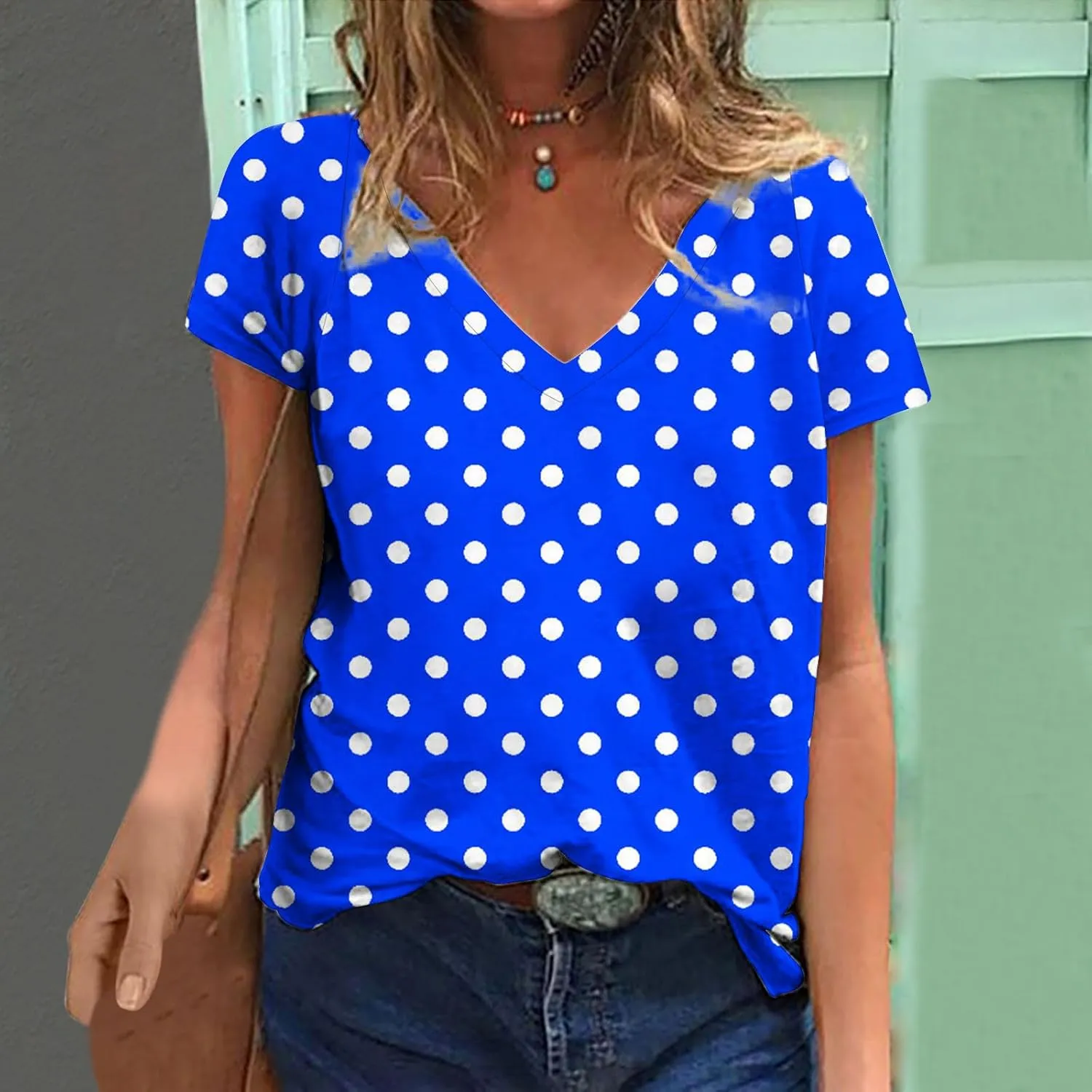 Womens Polka Dot Tops 2024 Summer Short Sleeve V Neck Tees Blouses Fashion Casual Loose Comfy Business Tshirts