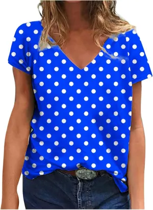 Womens Polka Dot Tops 2024 Summer Short Sleeve V Neck Tees Blouses Fashion Casual Loose Comfy Business Tshirts