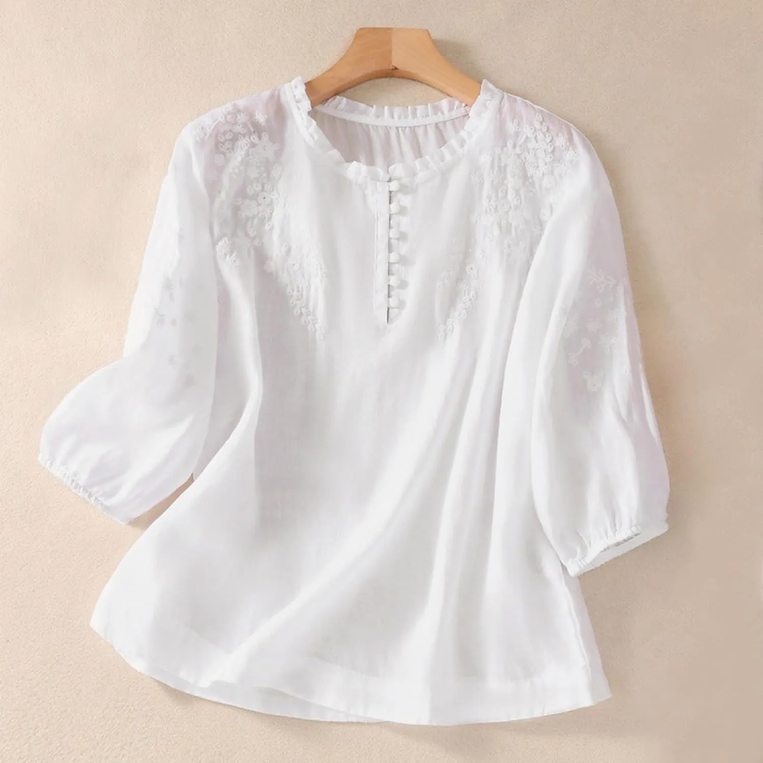 Women's Puff Short Sleeve Mexican Blouse V Neck Button Floral Embroidered Tops Loose Cotton Linen Peasant Boho Shirts