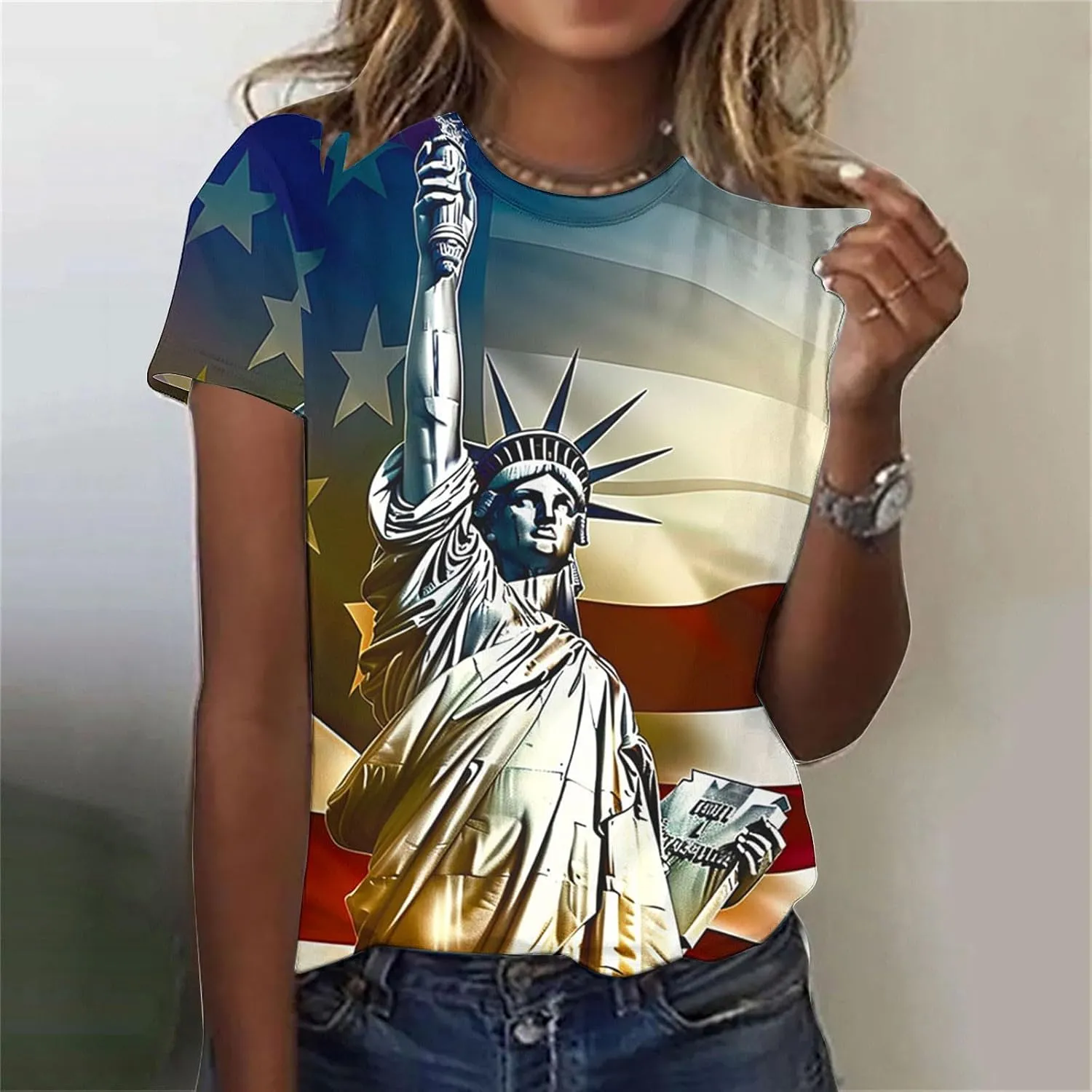 Womens Red White Blue Stars Stripes Shirts USA Pride Flag 4th of July Patriotic Tshirts Plus Size Short Sleeve Tops