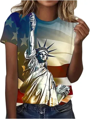Womens Red White Blue Stars Stripes Shirts USA Pride Flag 4th of July Patriotic Tshirts Plus Size Short Sleeve Tops